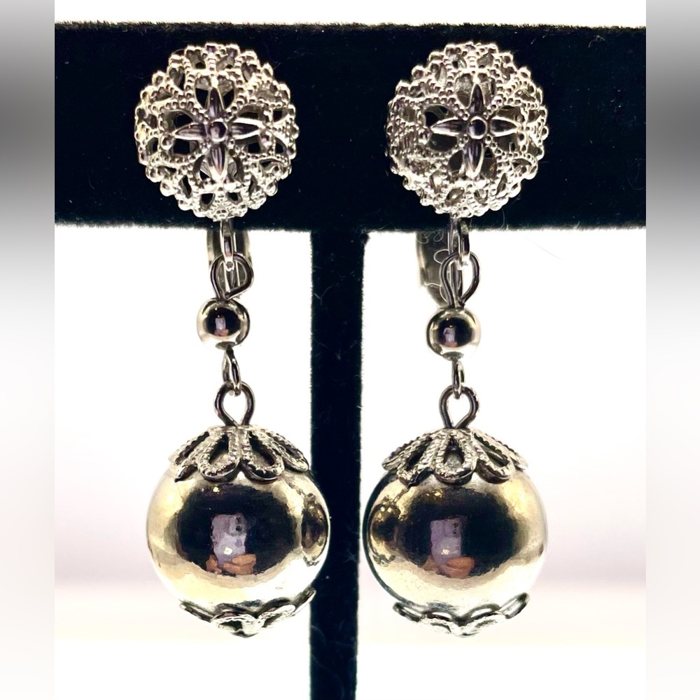 3 for $30 Vintage Silver Tone Clip On Dangle Earrings Filigree Capped Round Bead